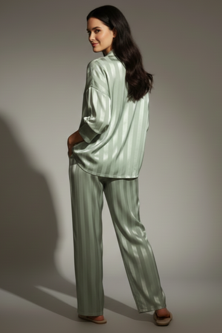 Women’s Striped Satin Pyjama Set with Button Shirt and Trousers