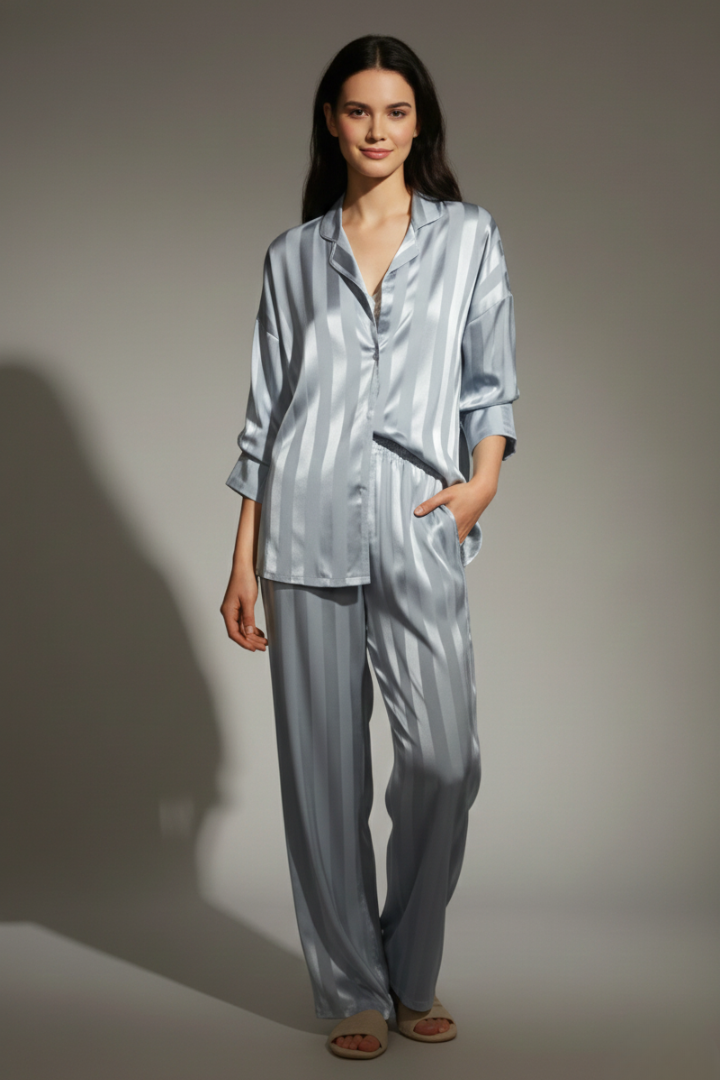 Women’s Striped Satin Pyjama Set with Button Shirt and Trousers