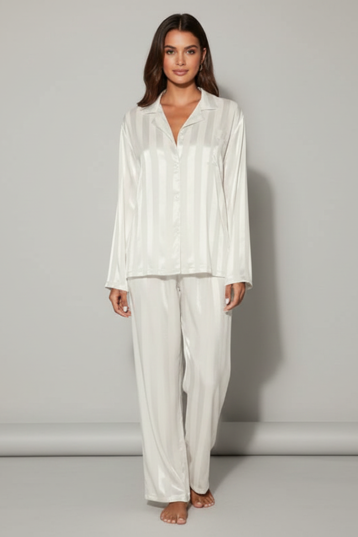 Women’s Striped Satin Pyjama Set with Button Shirt and Trousers