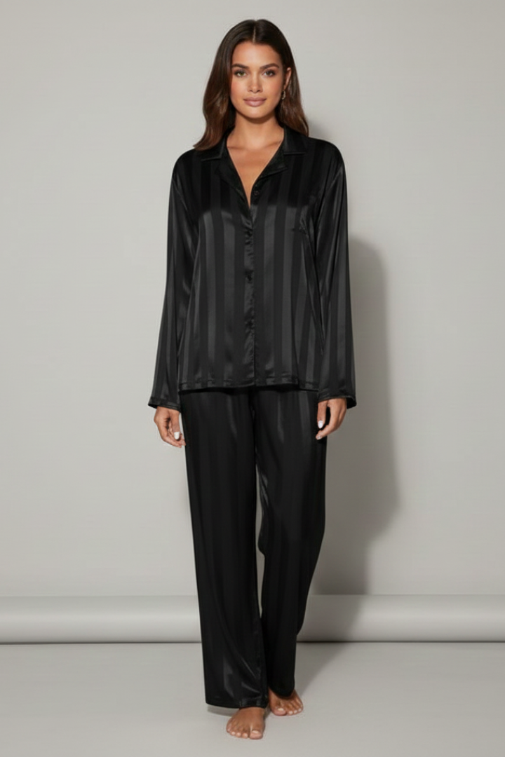 Women’s Striped Satin Pyjama Set with Button Shirt and Trousers