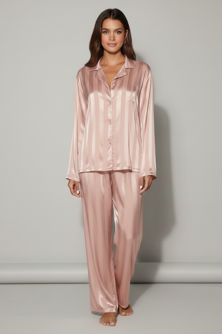 Women’s Striped Satin Pyjama Set with Button Shirt and Trousers