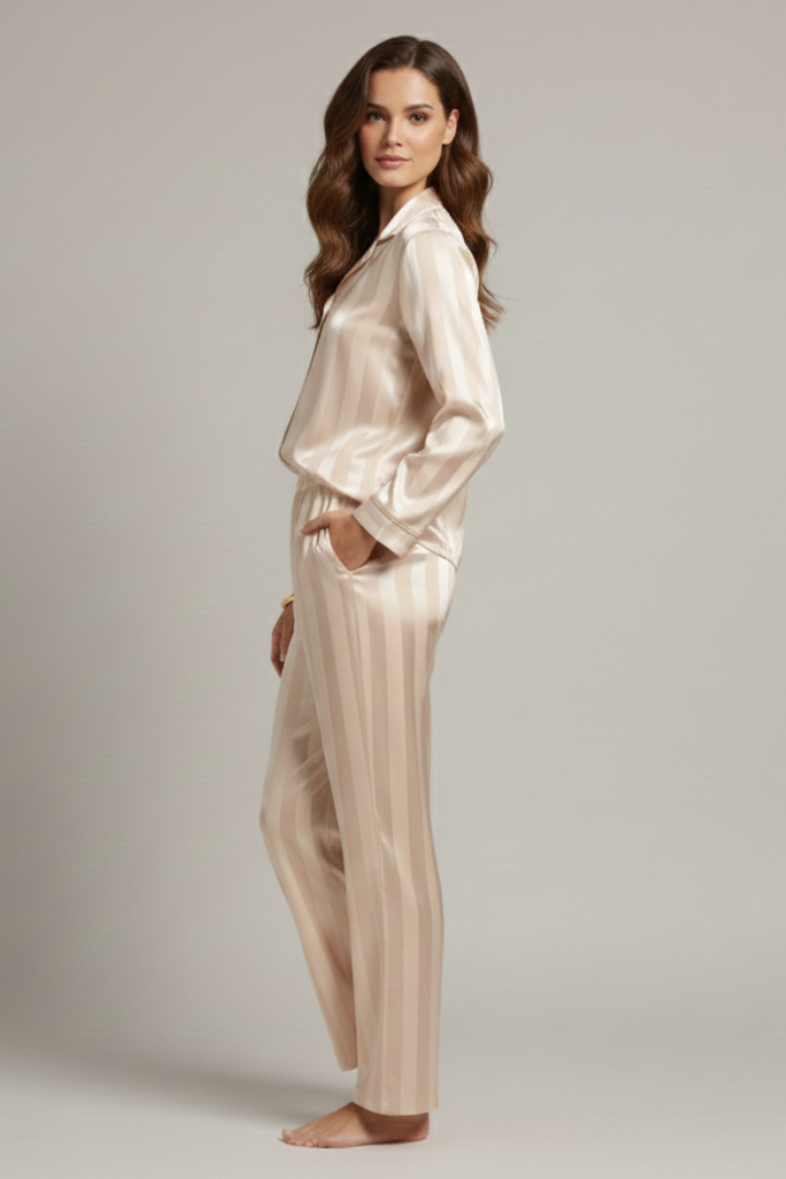 Women’s Satin Pyjama Set with Button-Down Shirt and Straight-Leg Pants