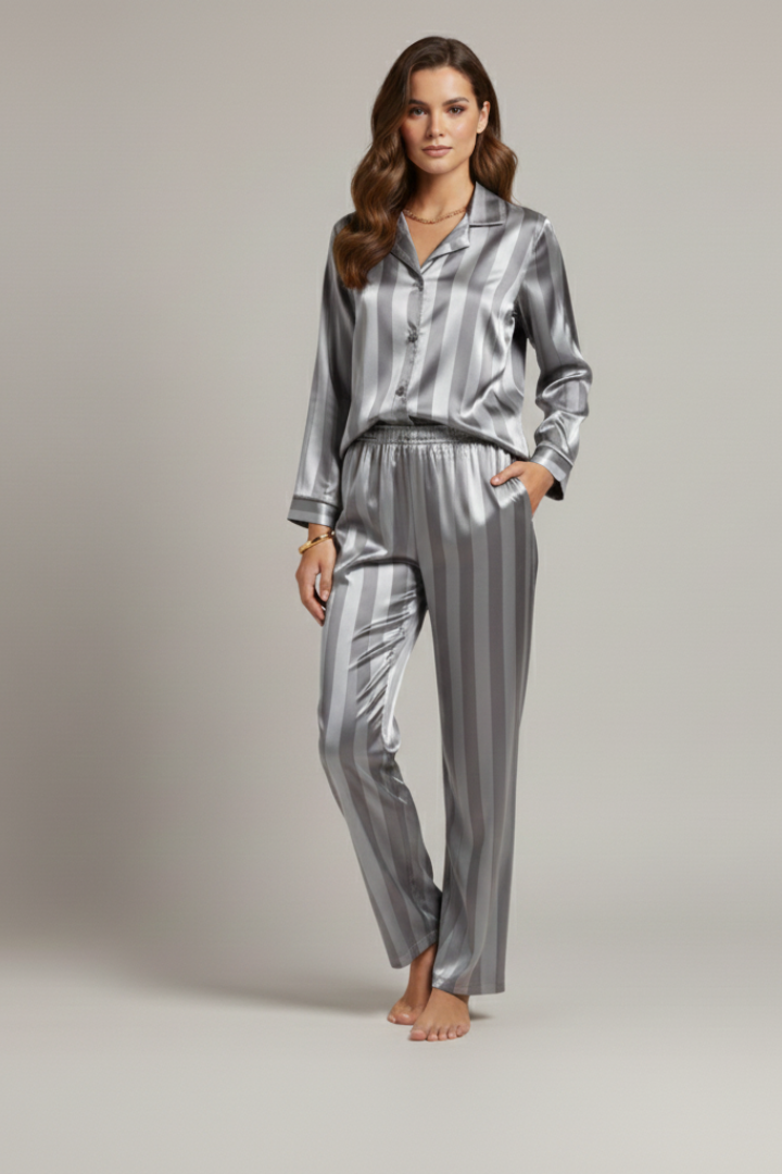 Women’s Satin Pyjama Set with Button-Down Shirt and Straight-Leg Pants
