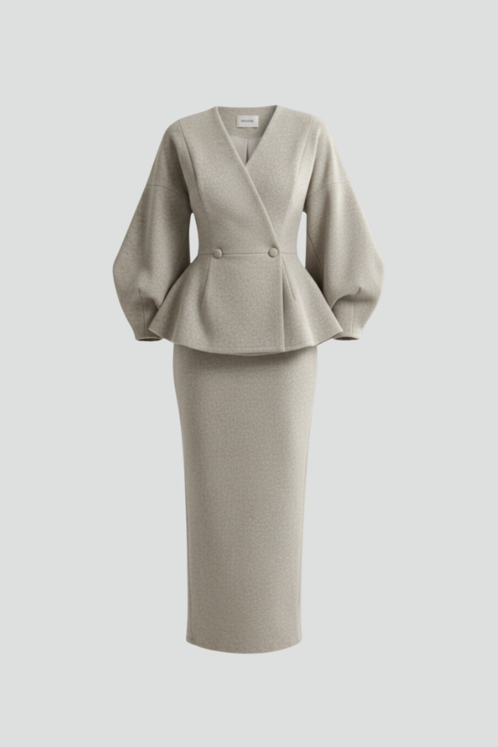 Women’s Skirt Suit Set with V-Neck Blazer and Puff Sleeves