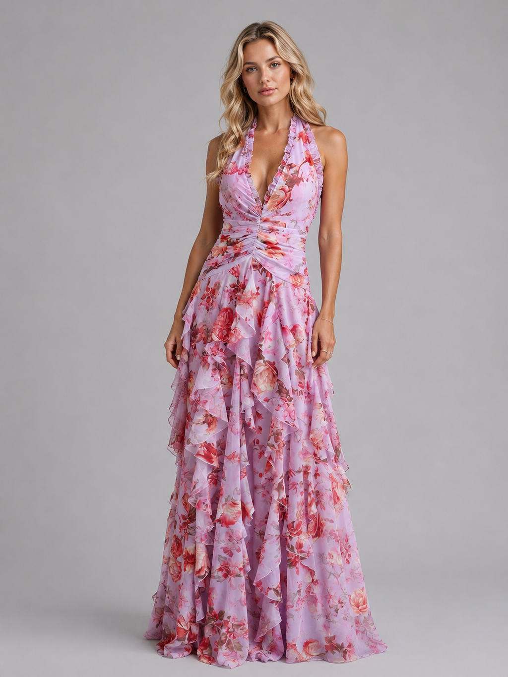 Floral Halter Maxi Dress Wedding Guest Summer