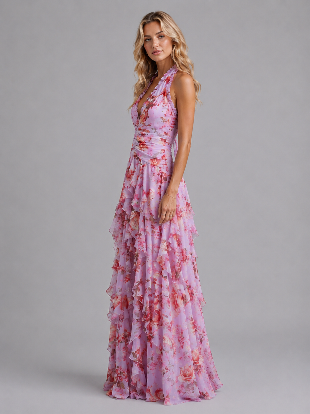 Floral Halter Maxi Dress Wedding Guest Summer