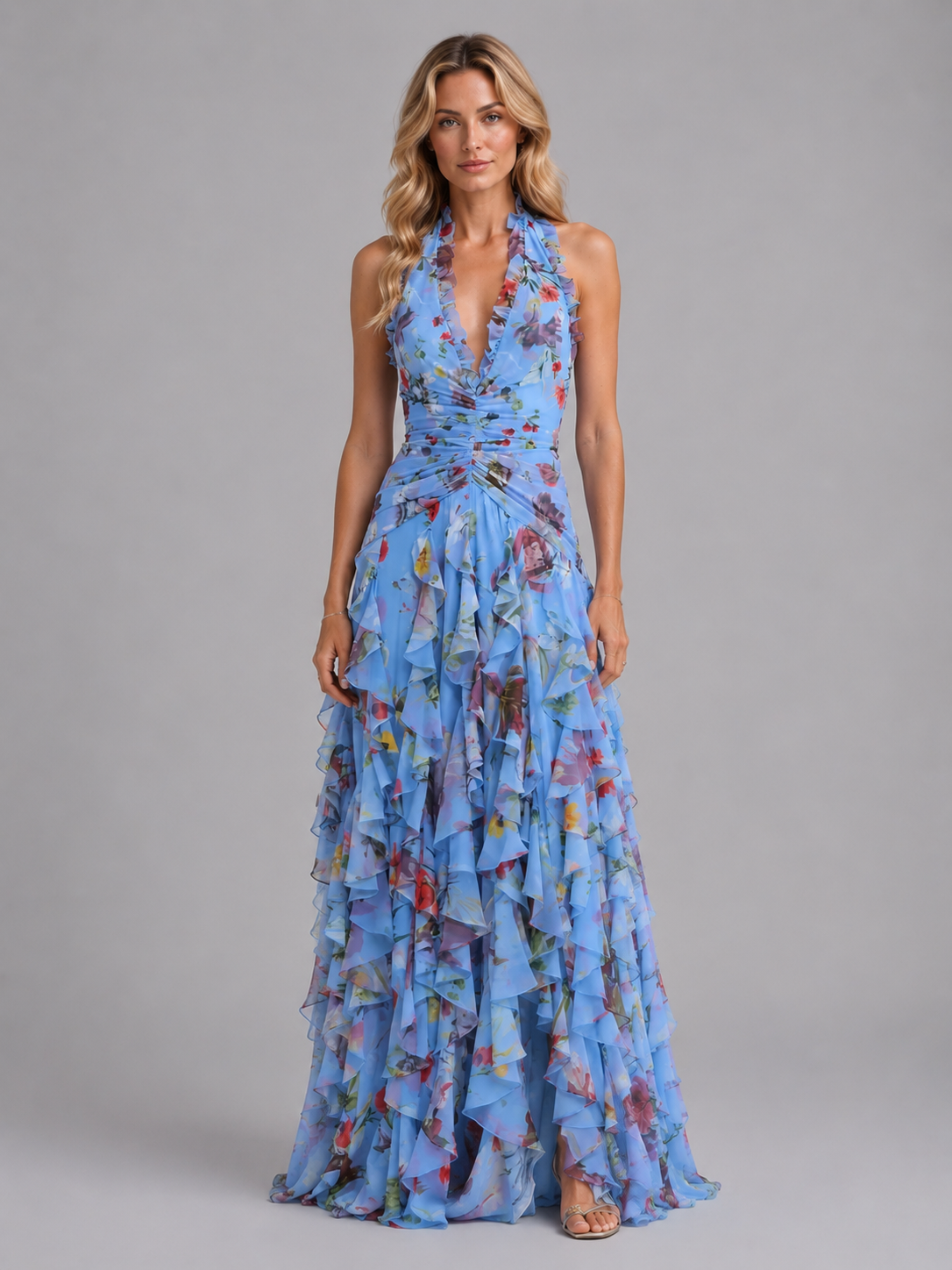 Floral Halter Maxi Dress Wedding Guest Summer