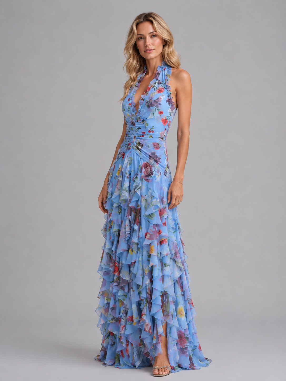 Floral Halter Maxi Dress Wedding Guest Summer
