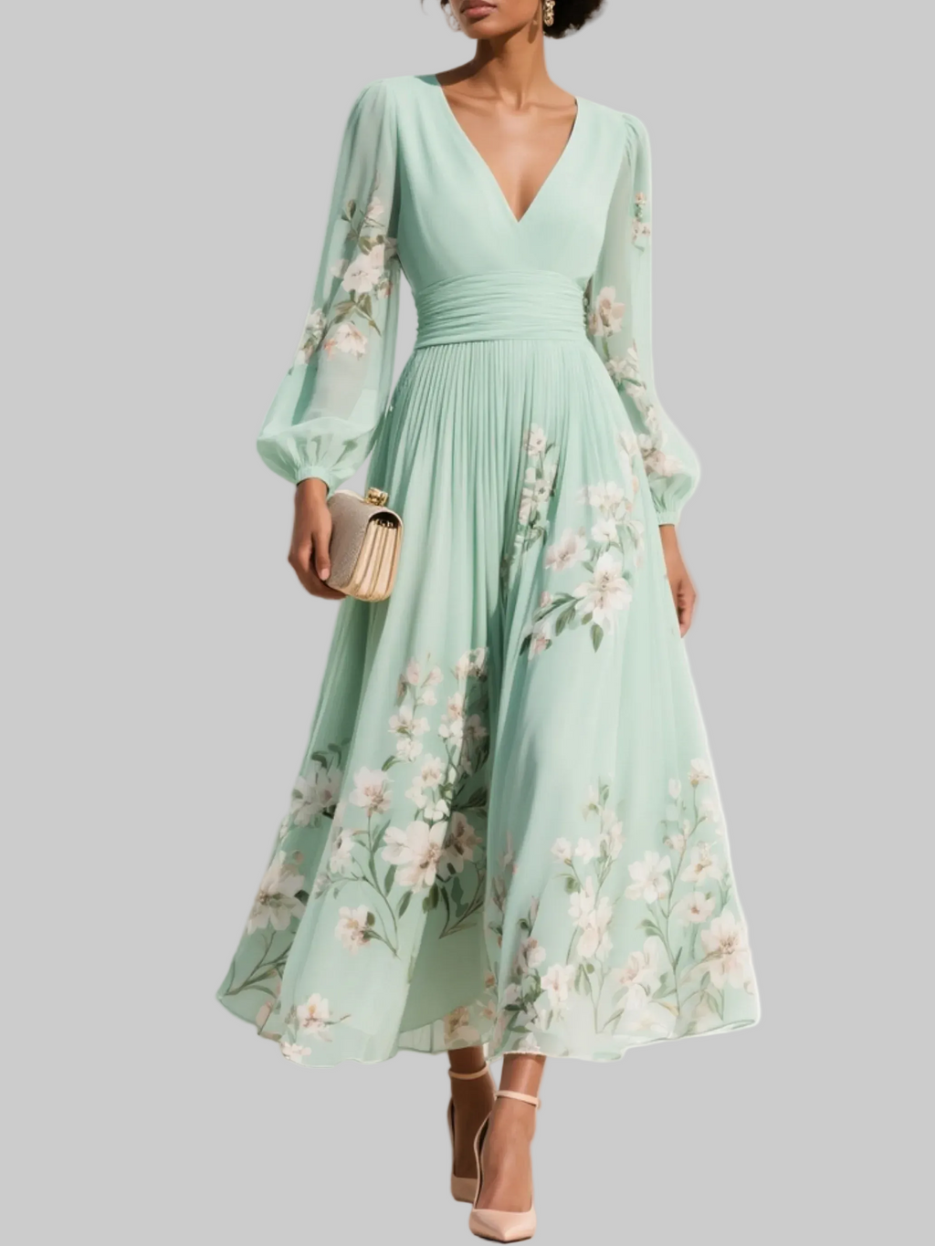 Floral Long Sleeve V-Neck Pleated Wedding Guest Midi Dress