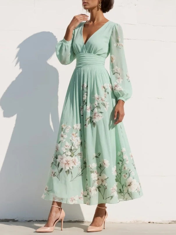 Floral Long Sleeve V-Neck Pleated Wedding Guest Midi Dress