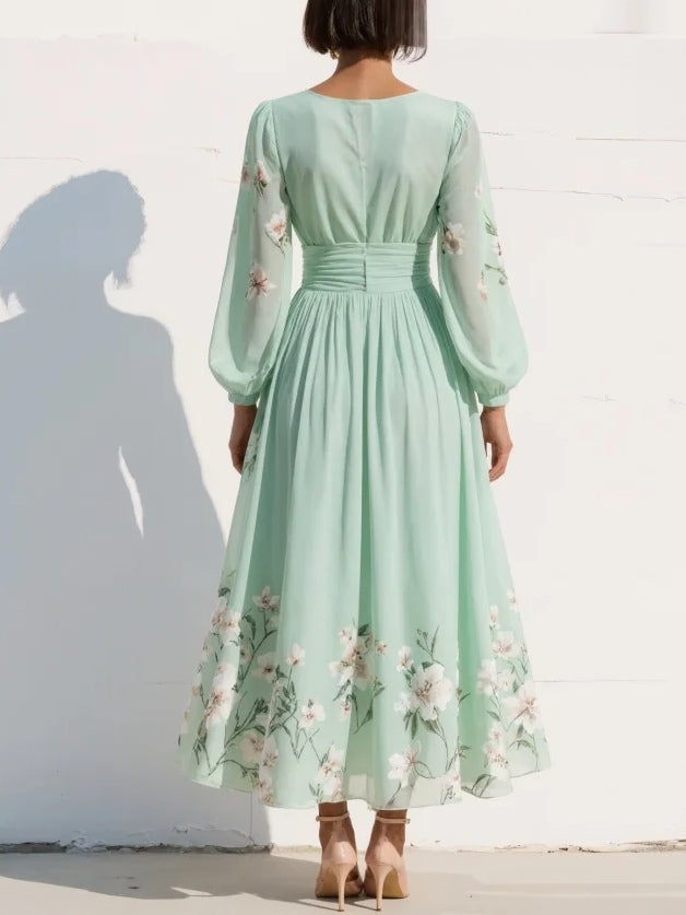 Floral Long Sleeve V-Neck Pleated Wedding Guest Midi Dress