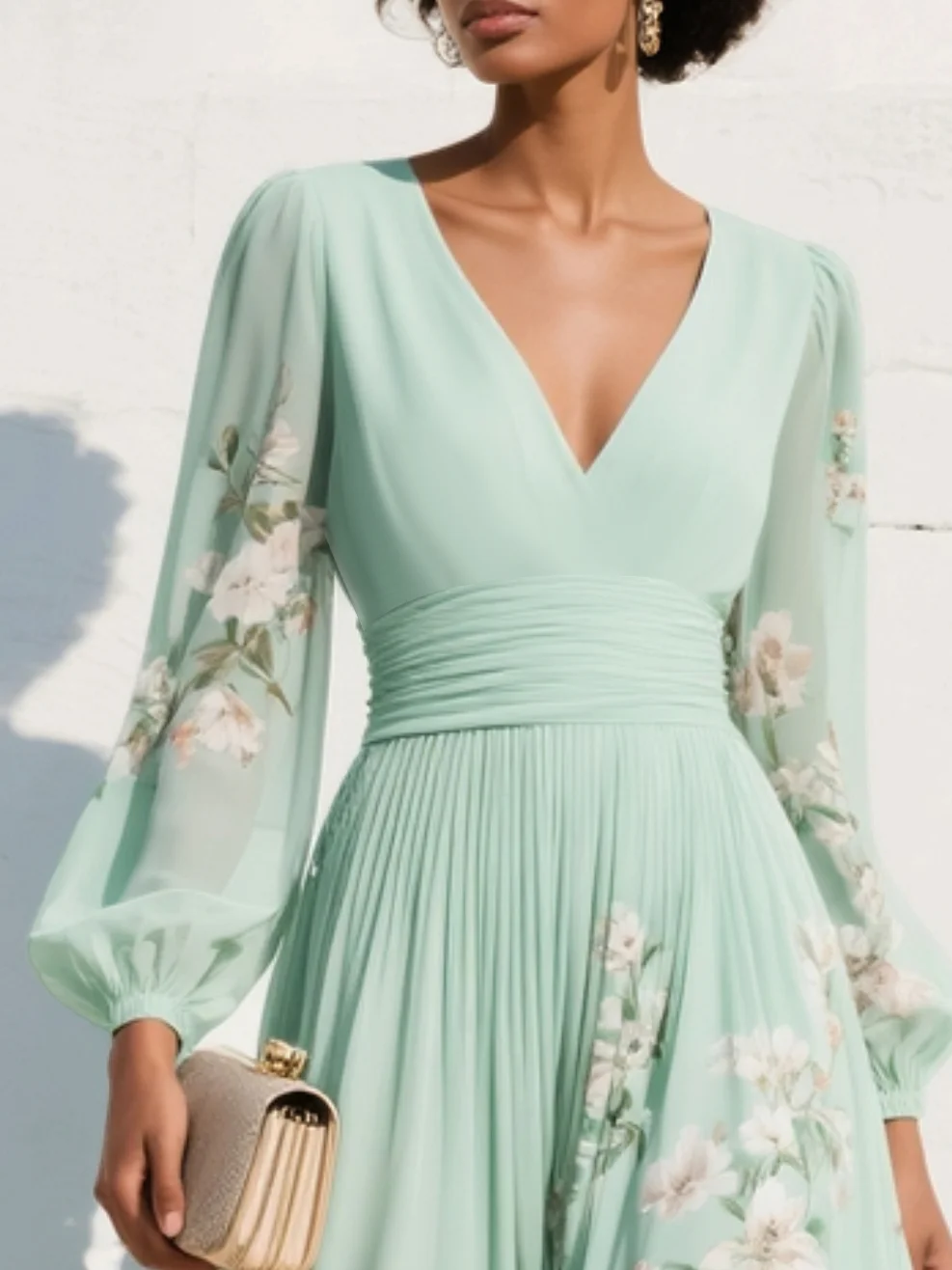Floral Long Sleeve V-Neck Pleated Wedding Guest Midi Dress