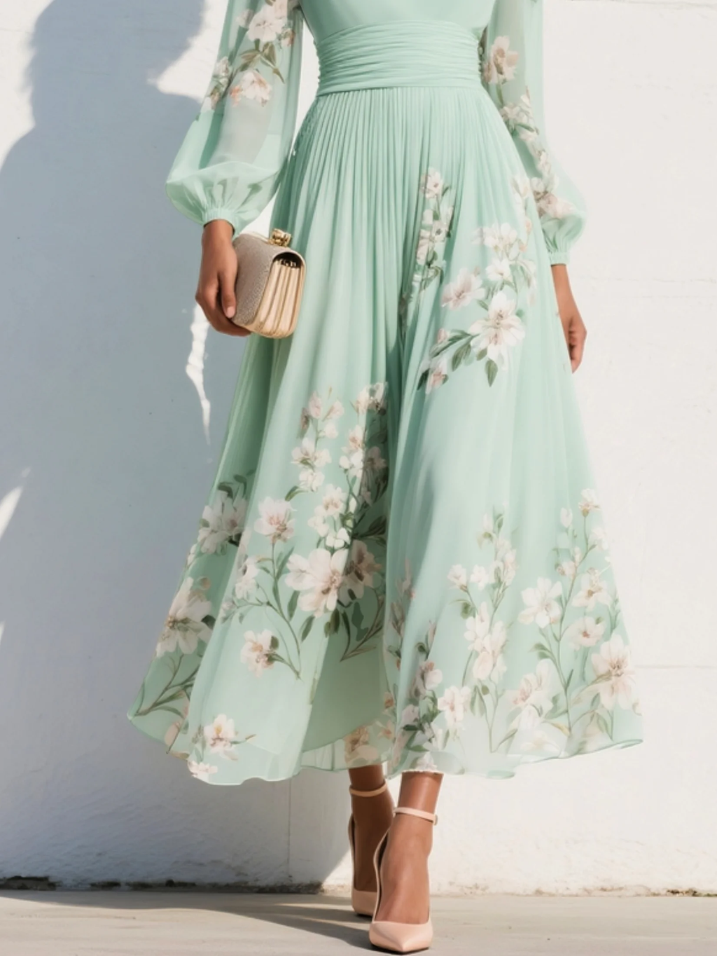 Floral Long Sleeve V-Neck Pleated Wedding Guest Midi Dress
