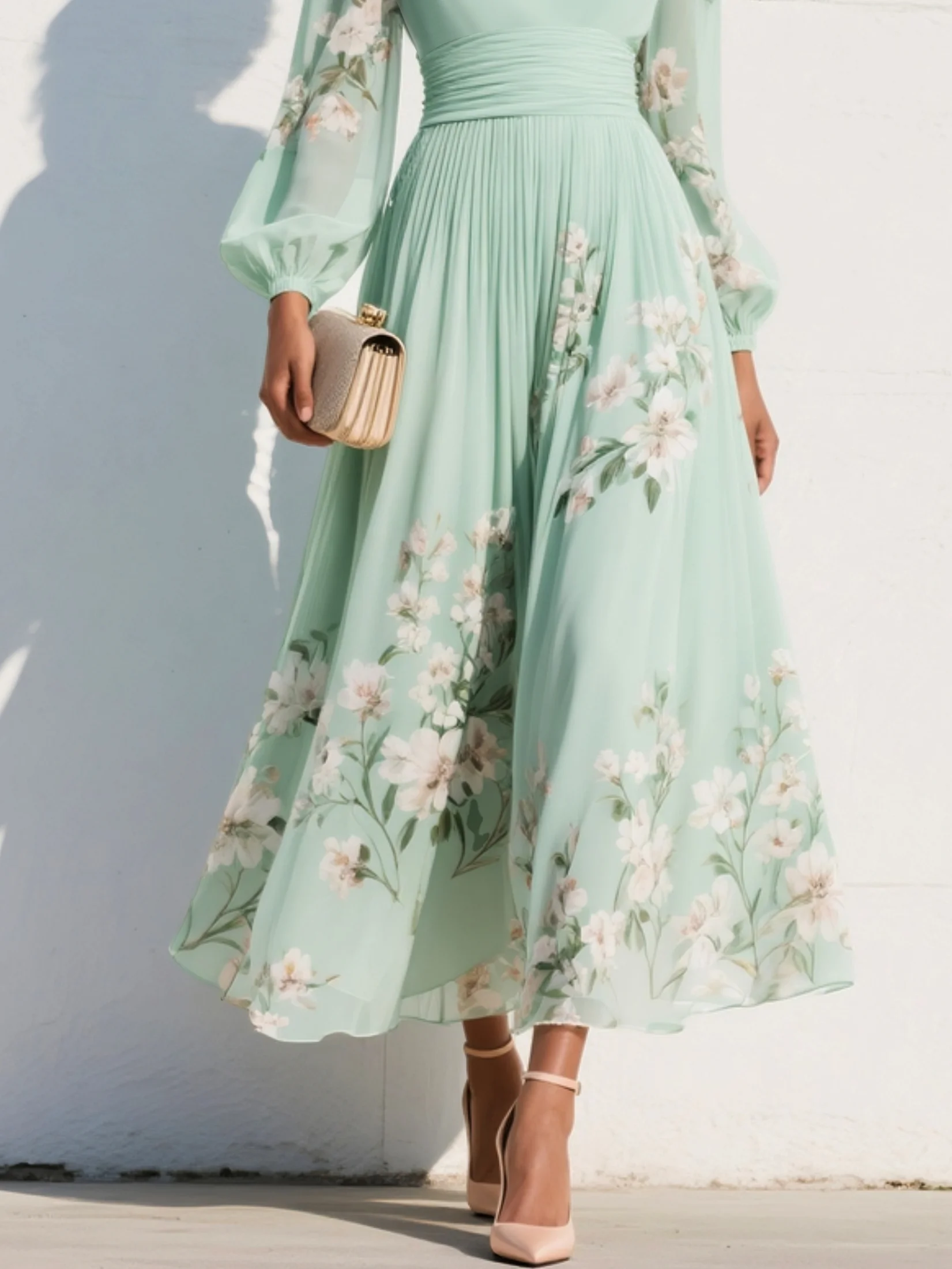 Floral Long Sleeve V-Neck Pleated Wedding Guest Midi Dress