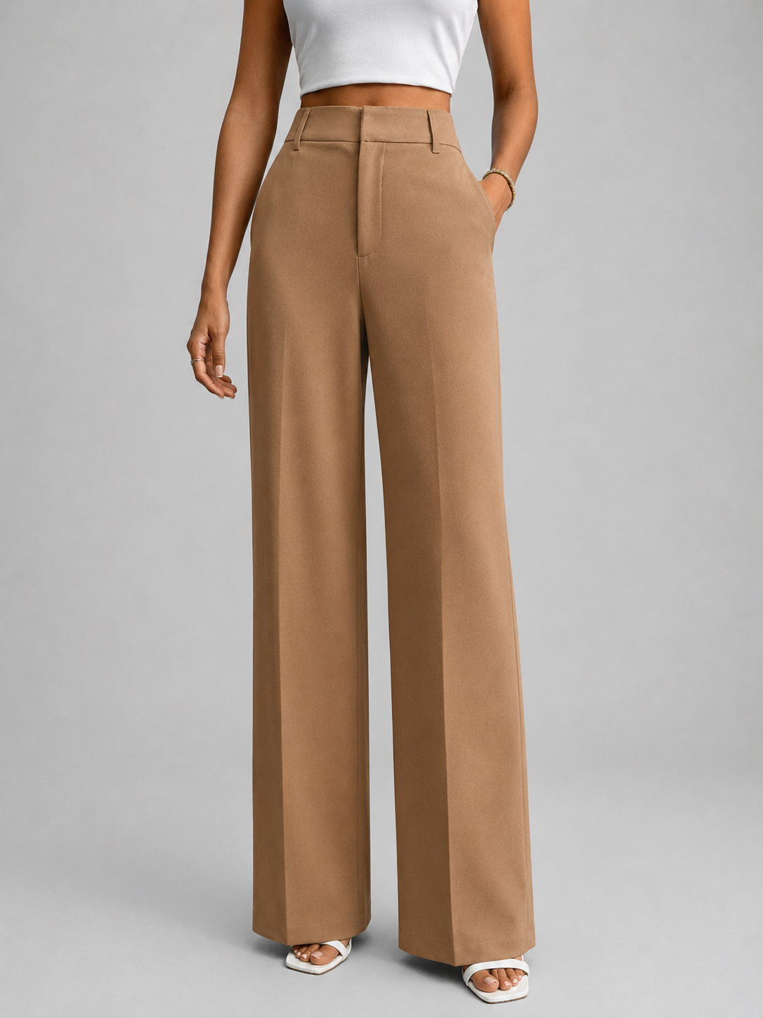 Camel high-waist wide-leg pleat-front Pants, front view