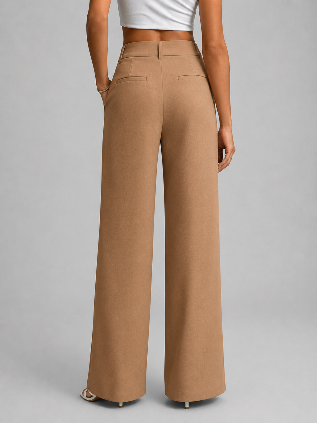 Beige high-waist wide-leg pleat-front Pants