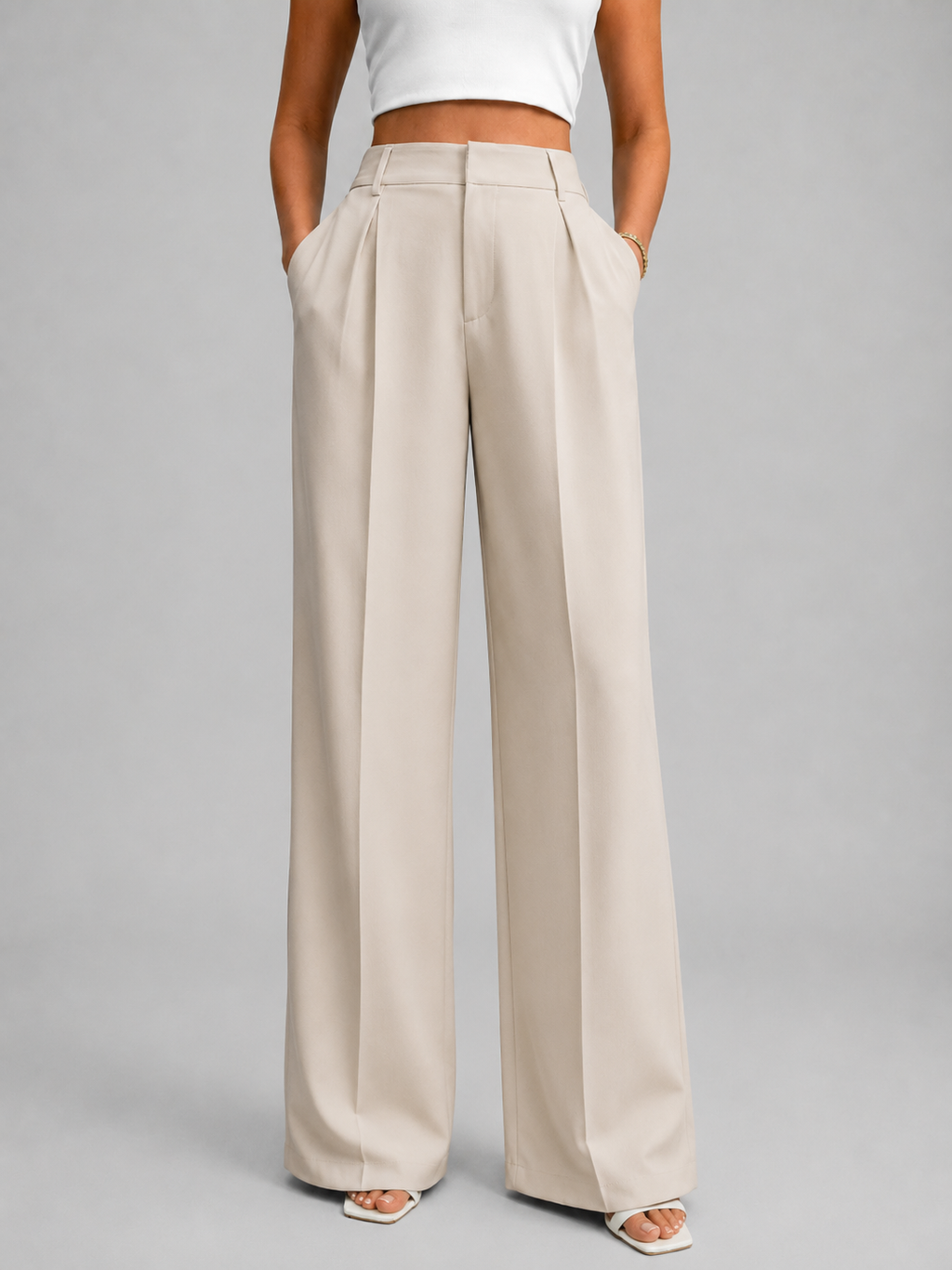 Brown high-waist wide-leg pleat-front Pants