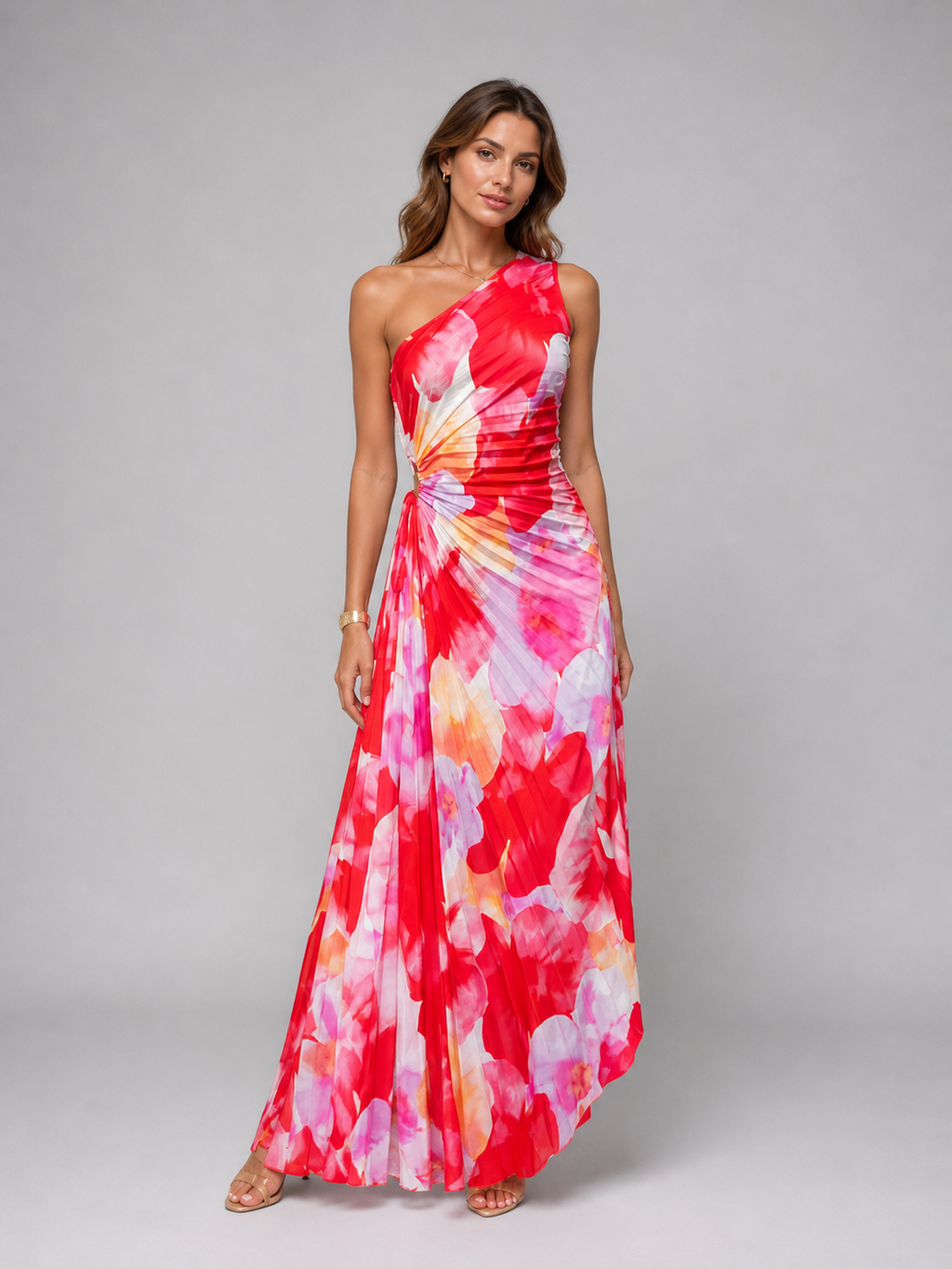 Floral One Shoulder Pleated Wedding Guest Maxi Dress