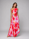 Floral One Shoulder Pleated Wedding Guest Maxi Dress