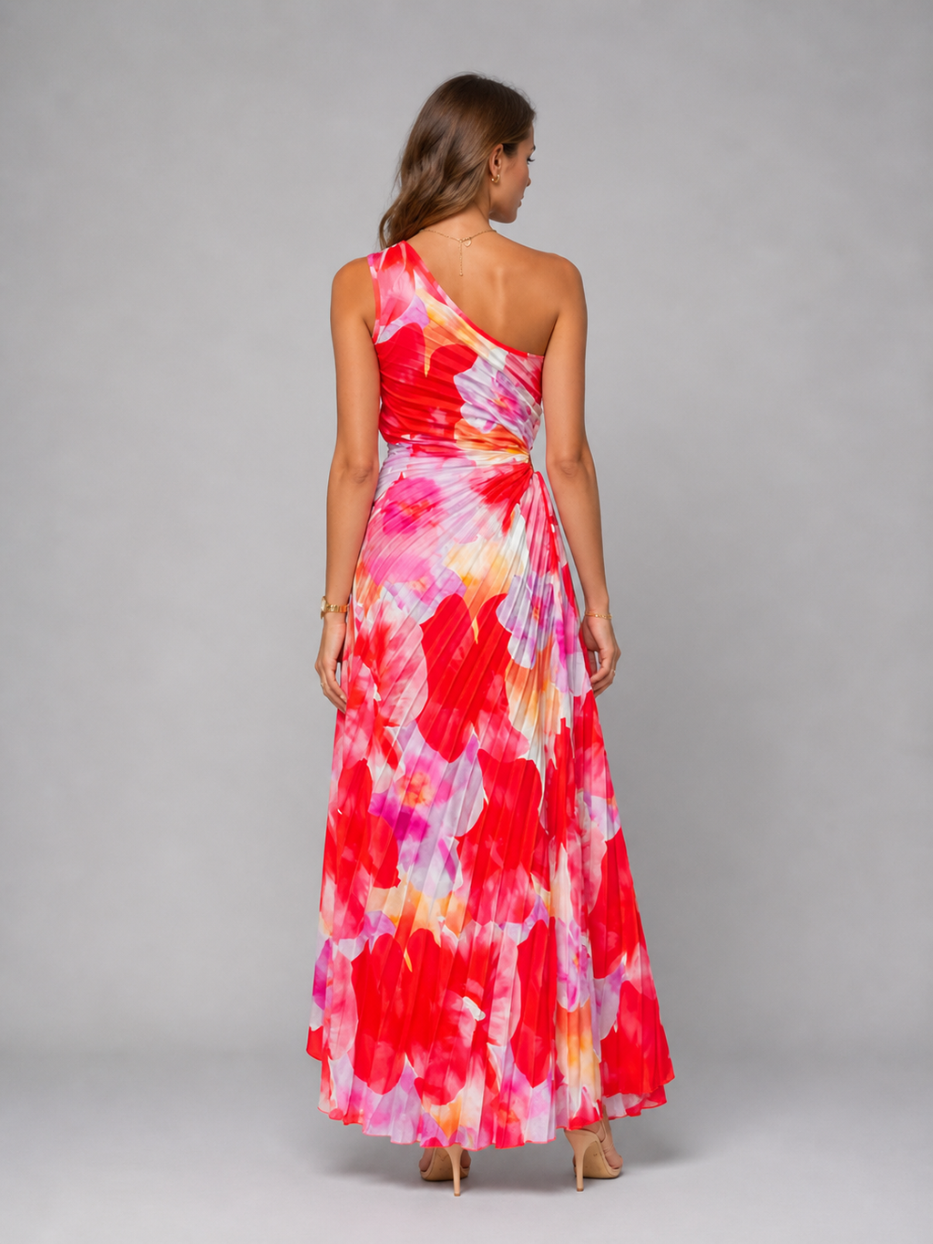 Floral One Shoulder Pleated Wedding Guest Maxi Dress