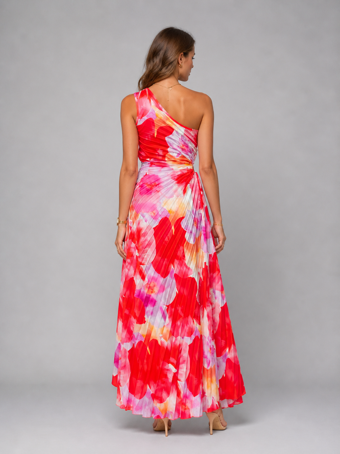 Floral One Shoulder Pleated Wedding Guest Maxi Dress