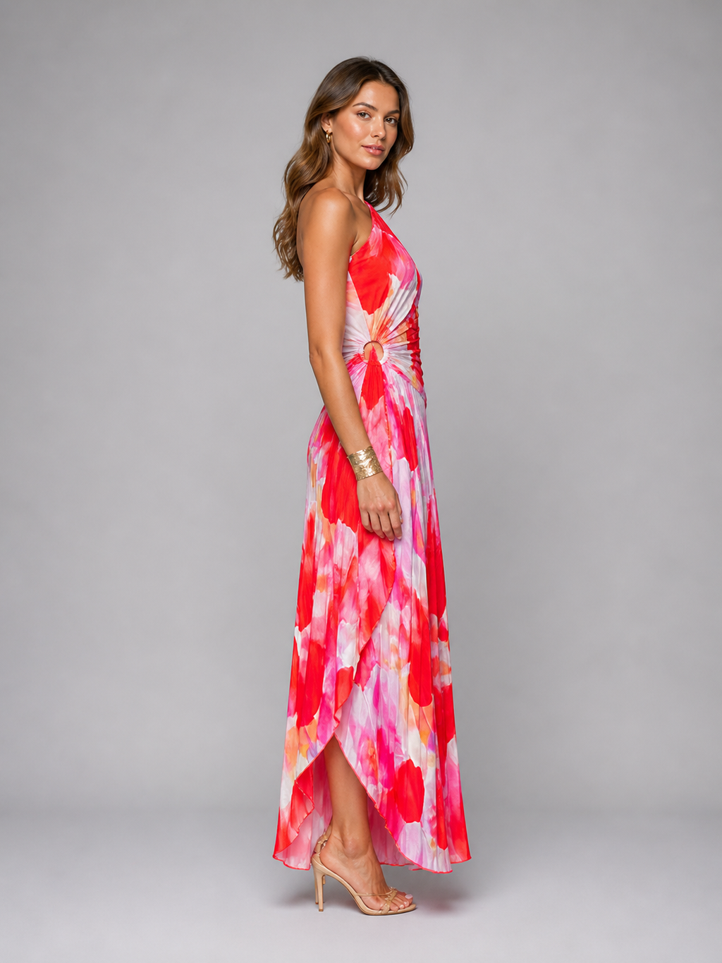 Floral One Shoulder Pleated Wedding Guest Maxi Dress