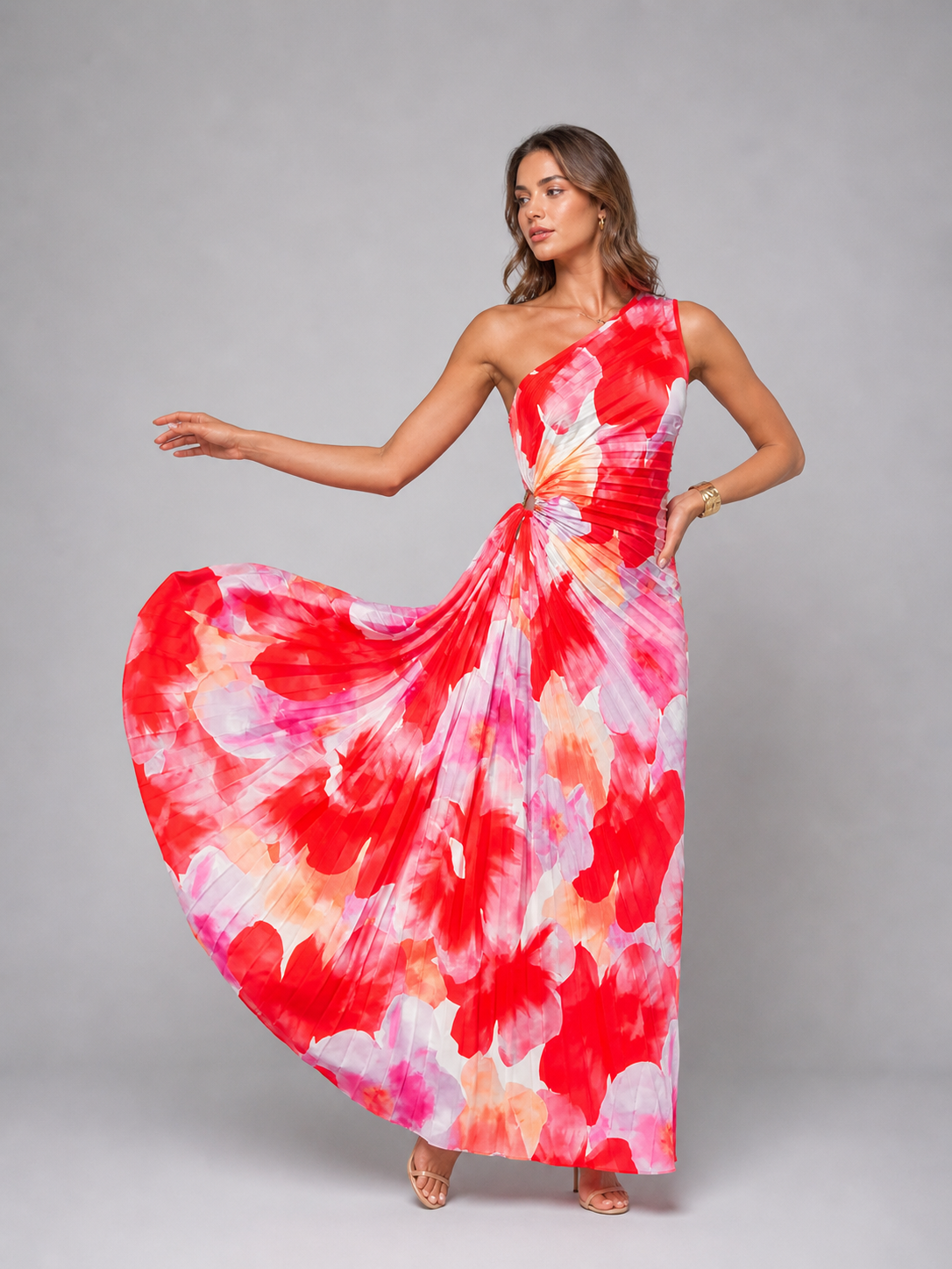 Floral One Shoulder Pleated Wedding Guest Maxi Dress