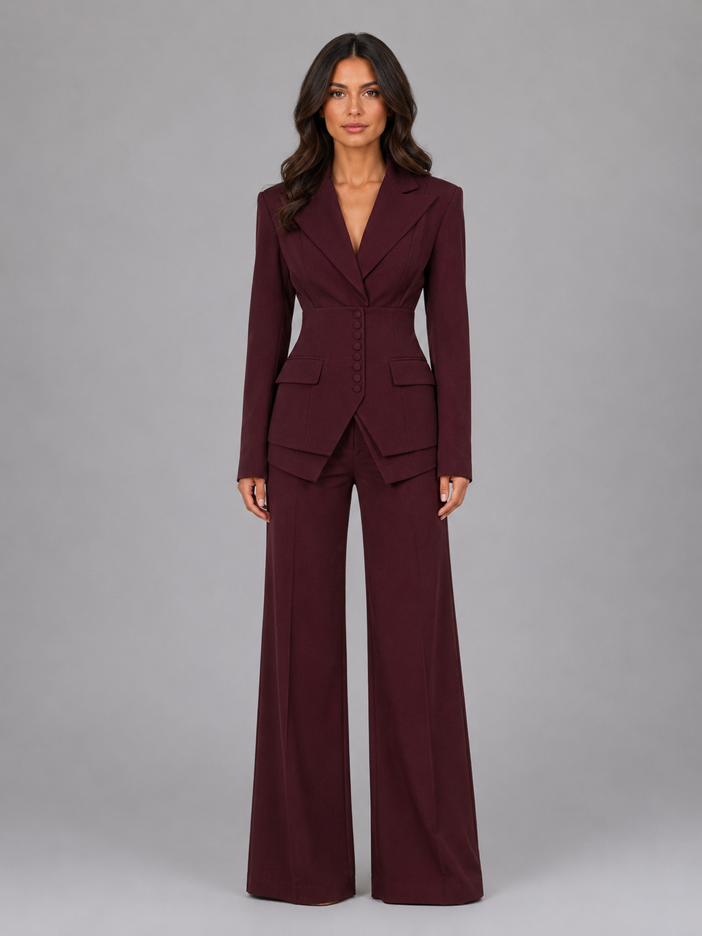 Burgundy cinched-waist blazer and wide-leg trouser co-ord set, front view