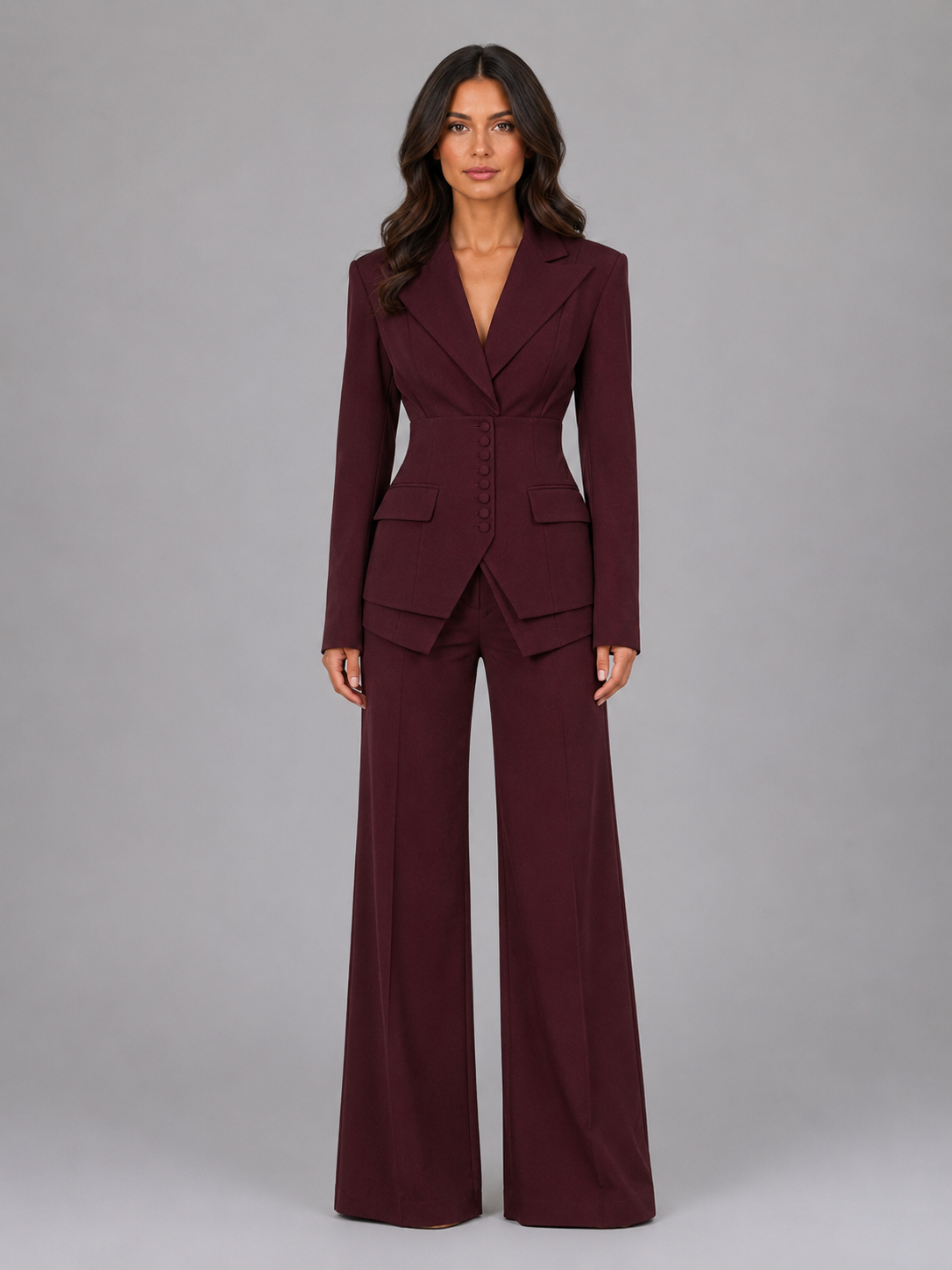 Burgundy cinched-waist blazer and wide-leg trouser co-ord set, front view