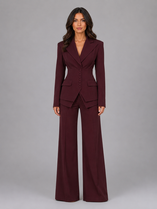Burgundy cinched-waist blazer and wide-leg trouser co-ord set, front view