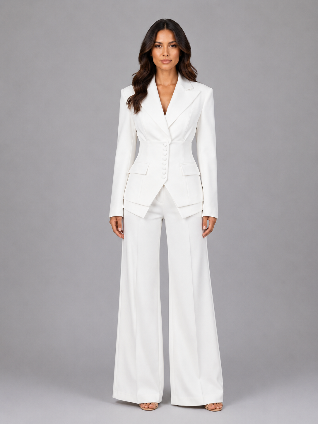 White cinched-waist blazer and wide-leg trouser co-ord set