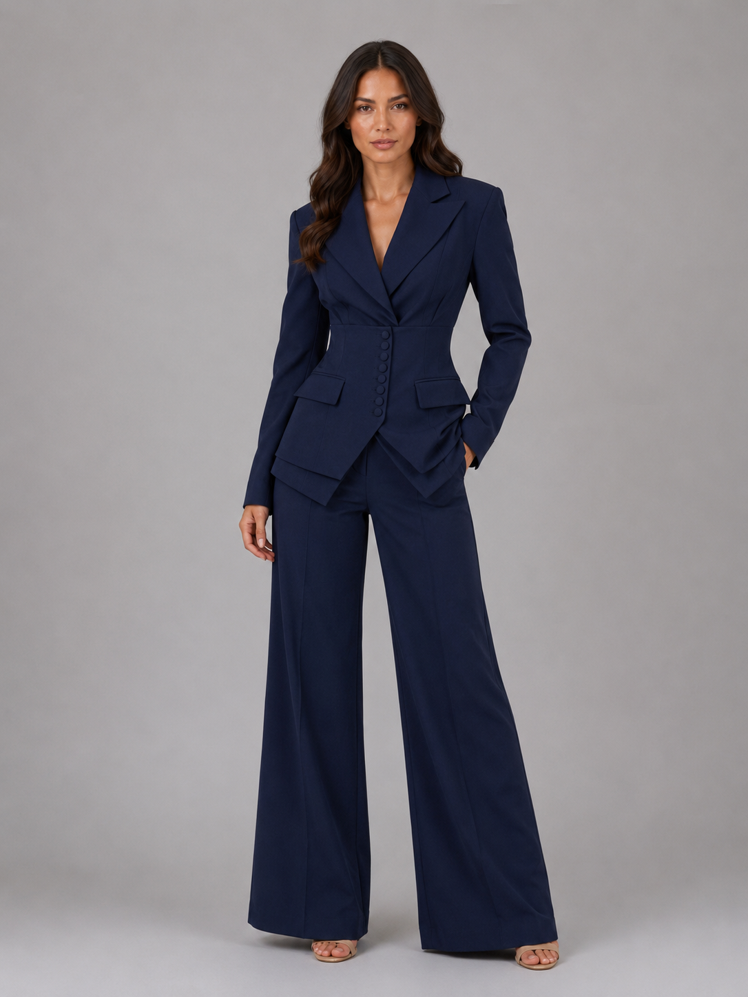 Navy cinched-waist blazer and wide-leg trouser co-ord set