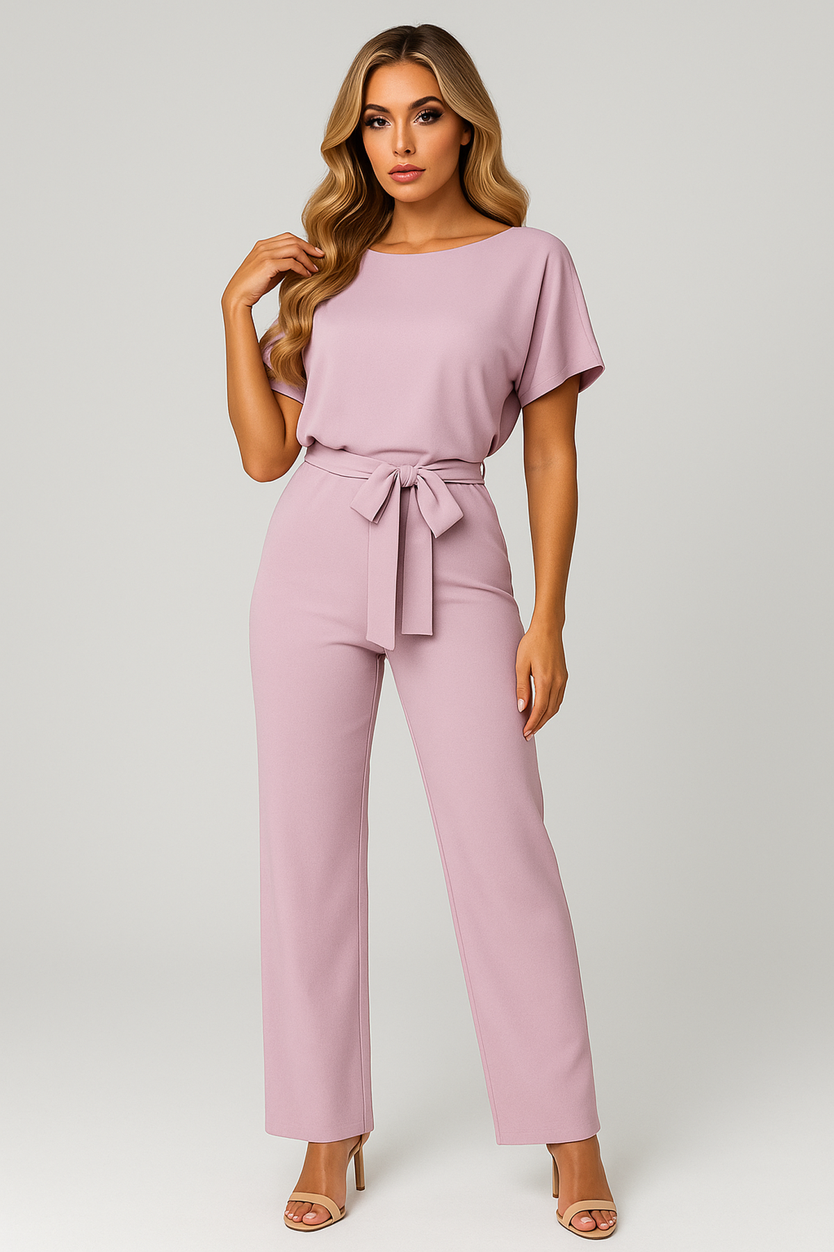 Wide Leg Short Sleeve Jumpsuit | Waist Tie | Boat Neck | Regular Fit