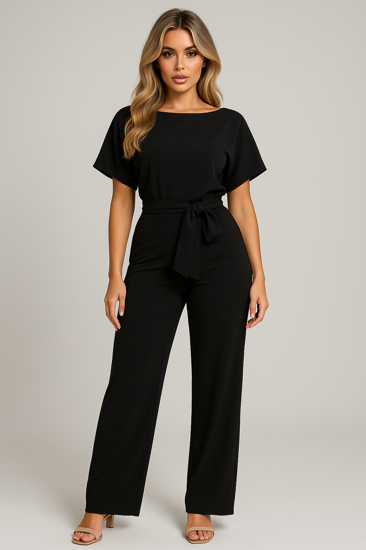 Wide Leg Short Sleeve Jumpsuit | Waist Tie | Boat Neck | Regular Fit