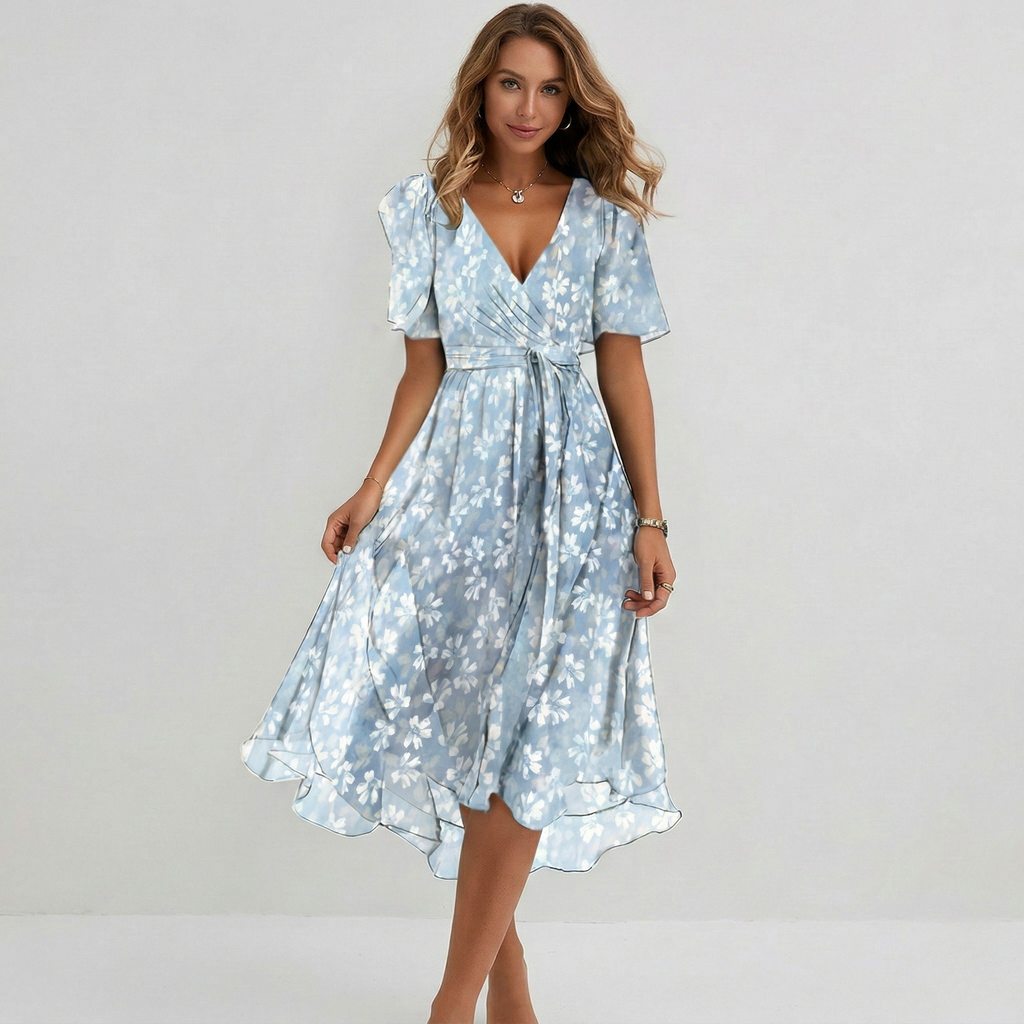 Floral Print Wrap Tiered Wedding Guest Midi Dress