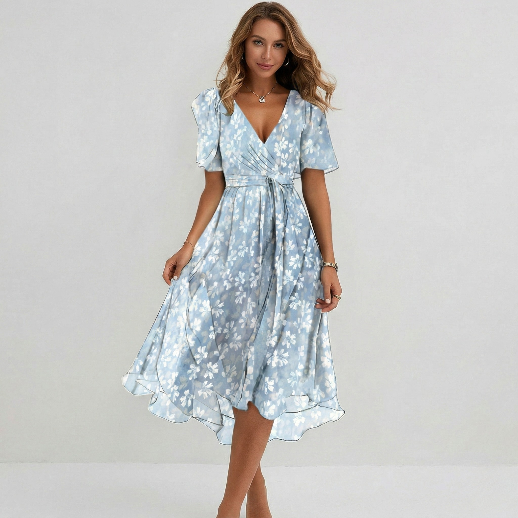 Floral Print Wrap Tiered Wedding Guest Midi Dress