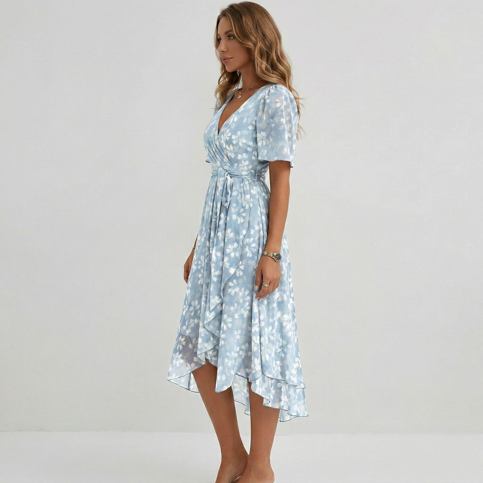 Floral Print Wrap Tiered Wedding Guest Midi Dress