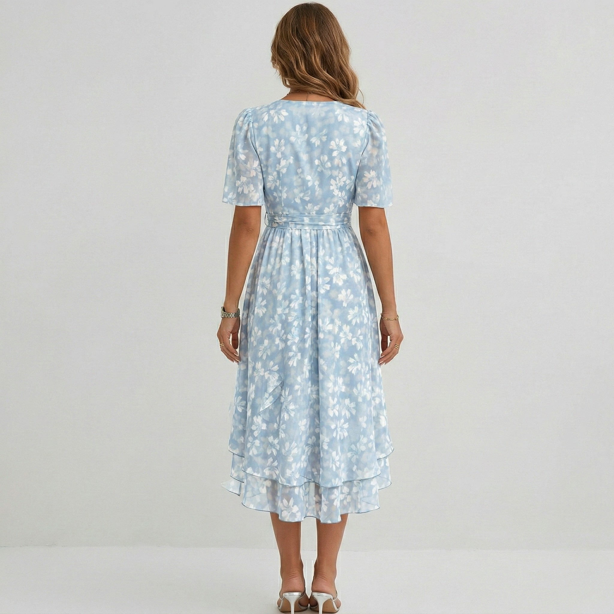 Floral Print Wrap Tiered Wedding Guest Midi Dress