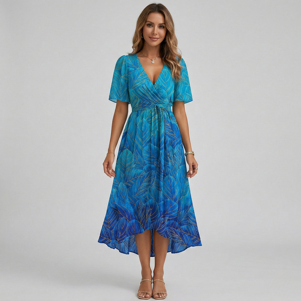 Floral Print Wrap Tiered Wedding Guest Midi Dress