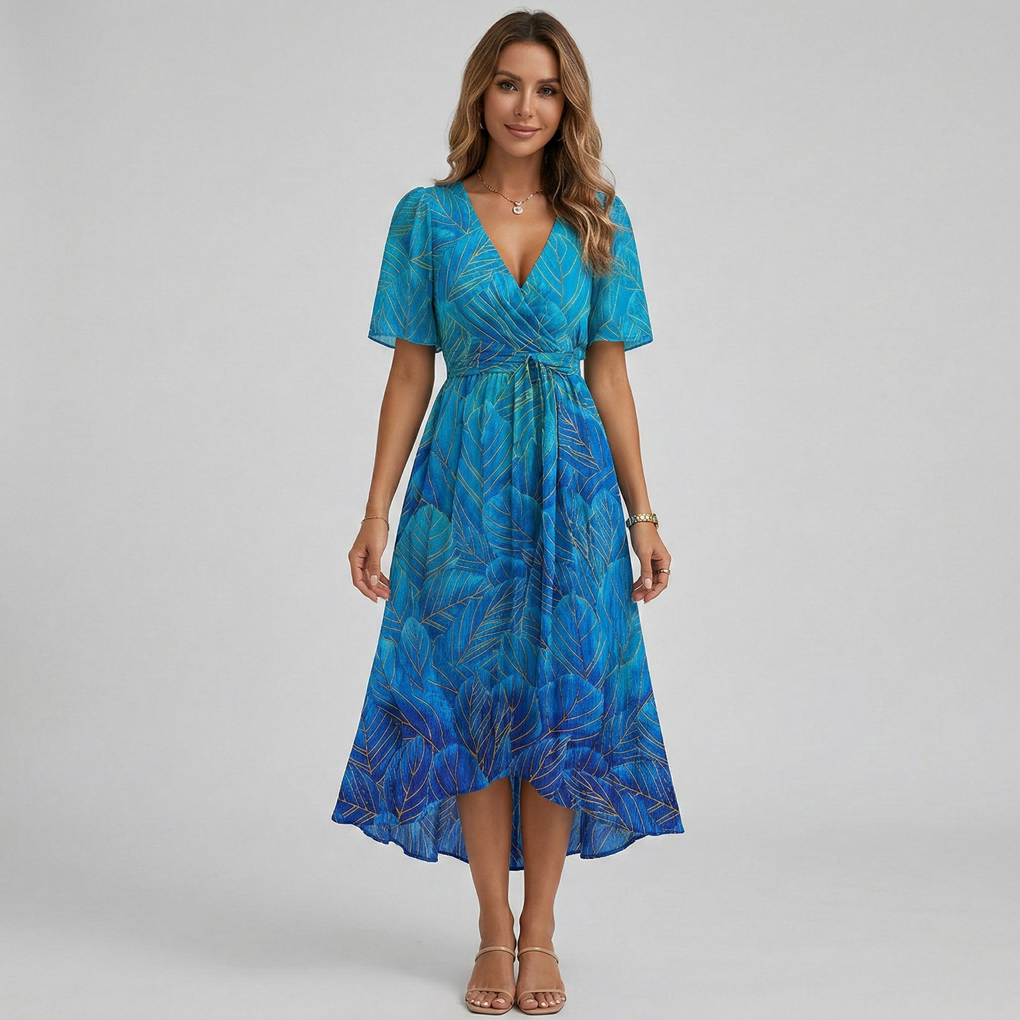 Floral Print Wrap Tiered Wedding Guest Midi Dress