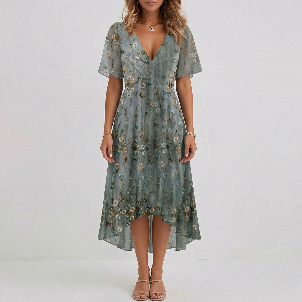 Floral Print Wrap Tiered Wedding Guest Midi Dress