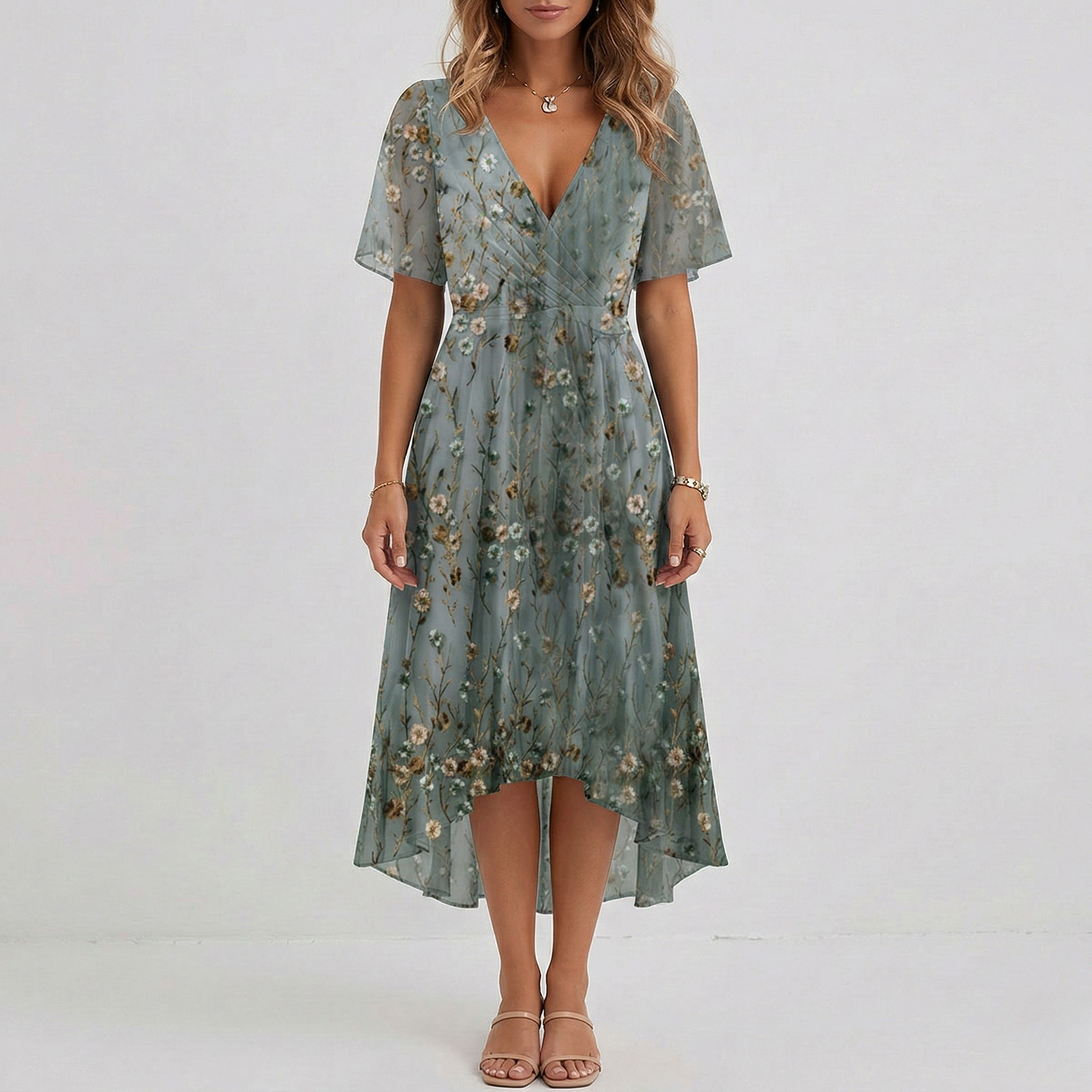 Floral Print Wrap Tiered Wedding Guest Midi Dress