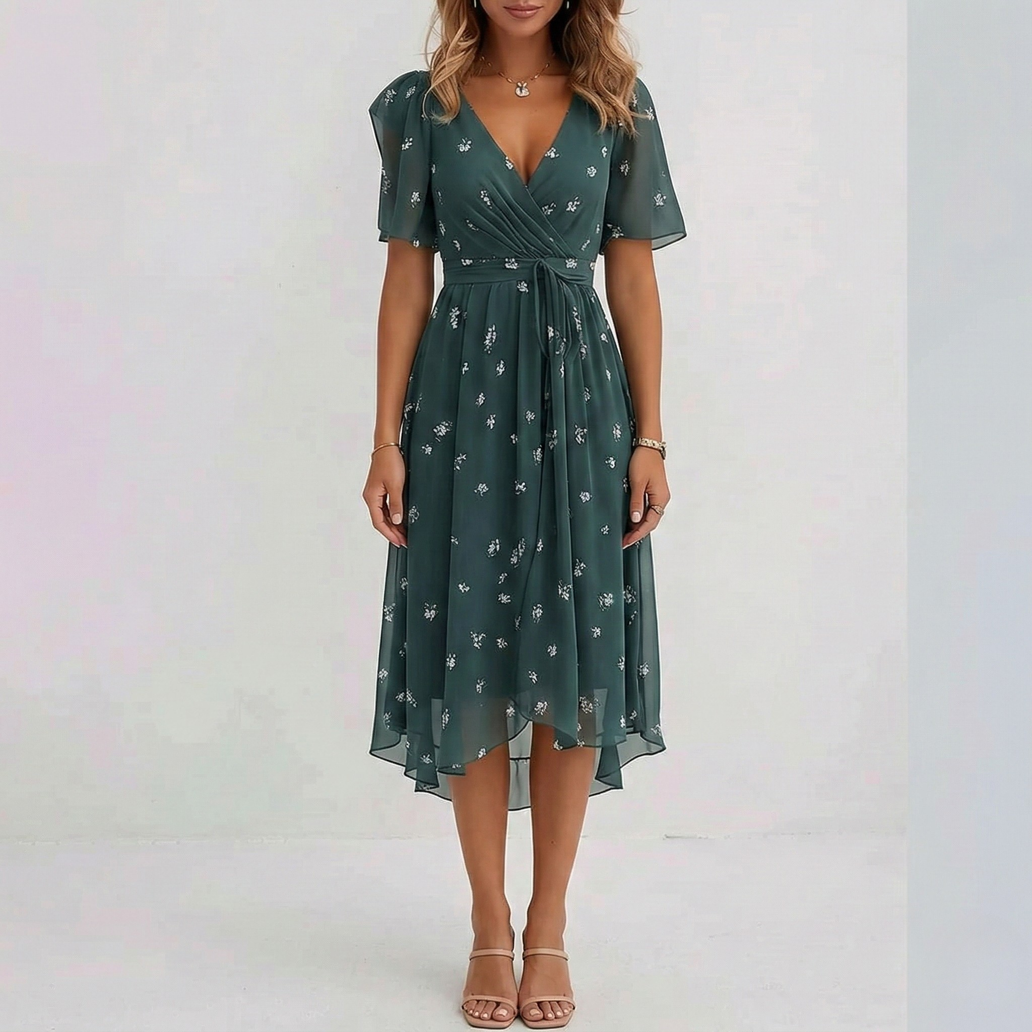 Floral Print Wrap Tiered Wedding Guest Midi Dress