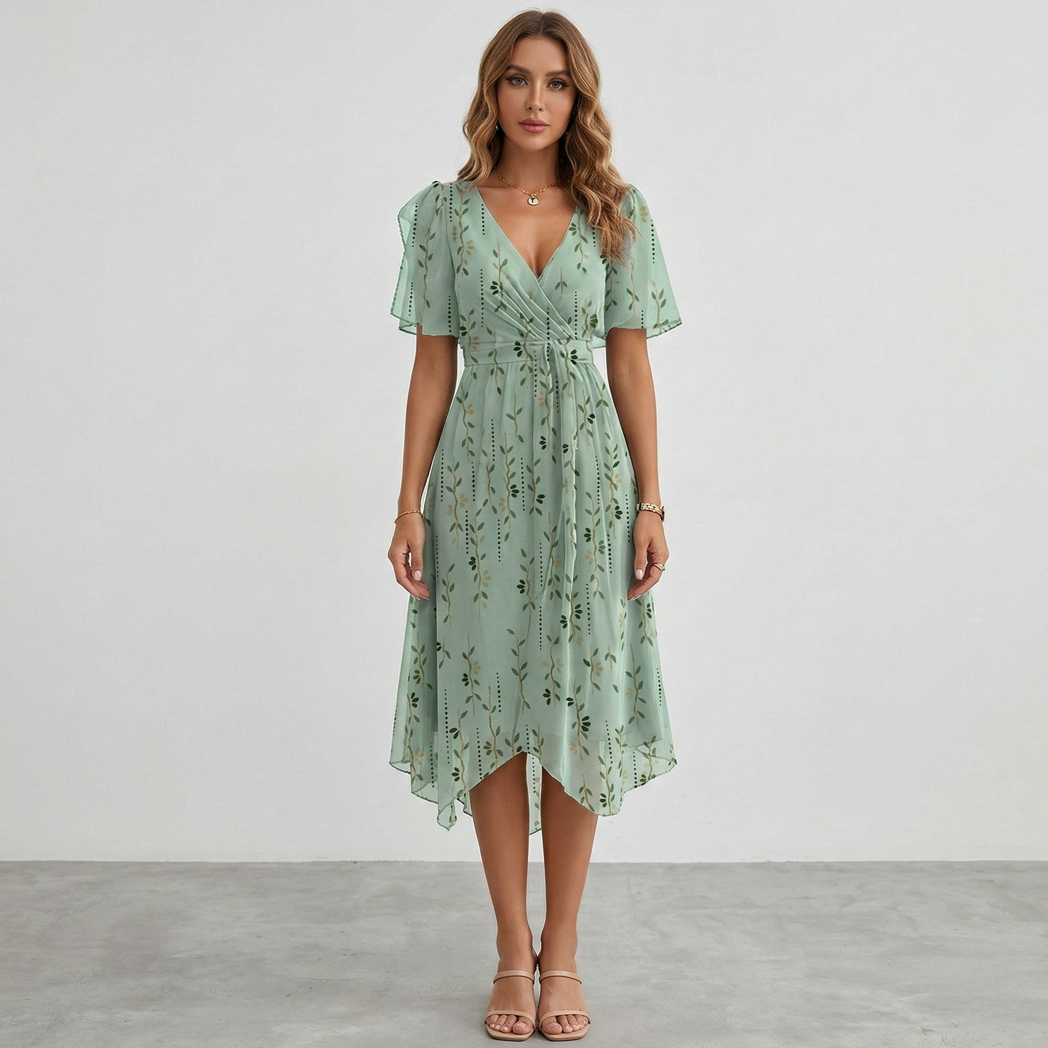Floral Print Wrap Tiered Wedding Guest Midi Dress