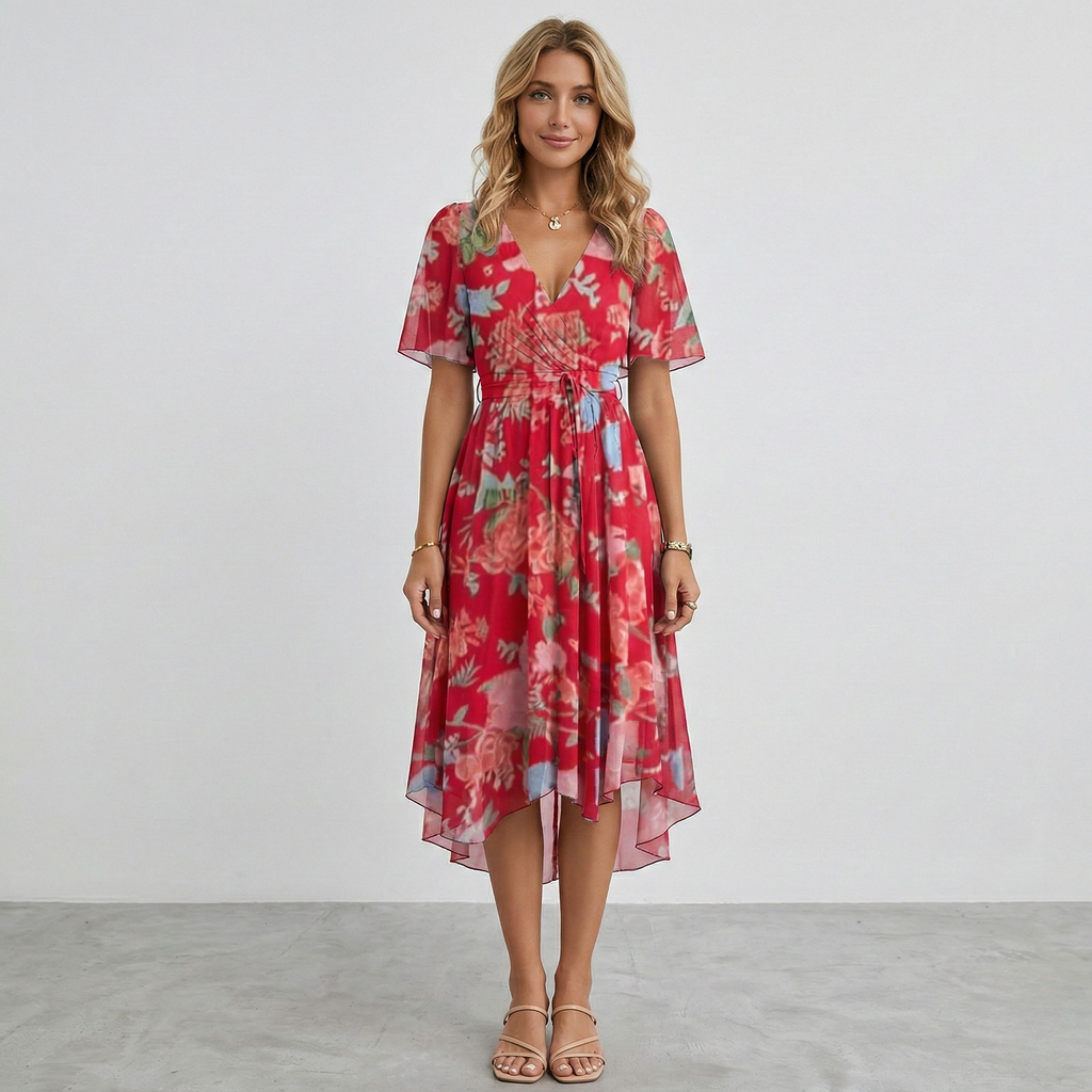 Floral Print Wrap Tiered Wedding Guest Midi Dress