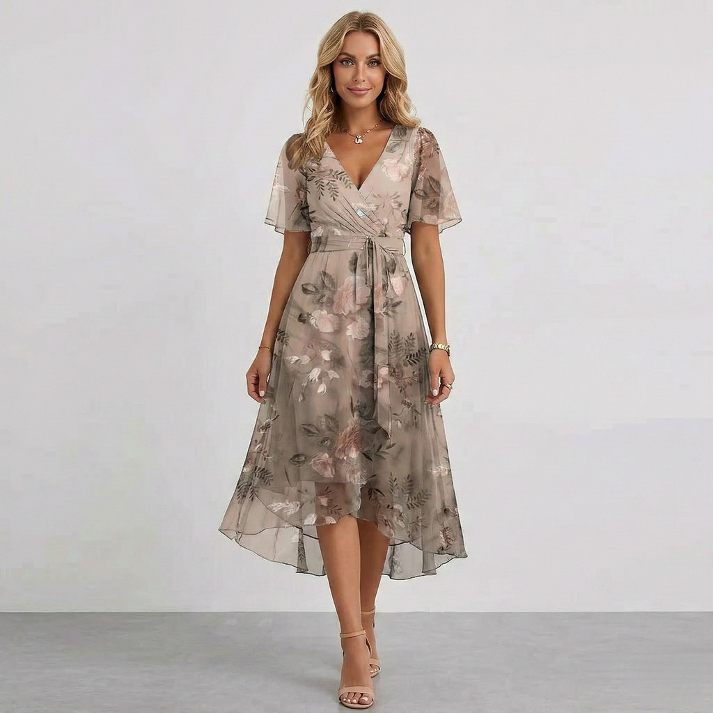 Floral Print Wrap Tiered Wedding Guest Midi Dress