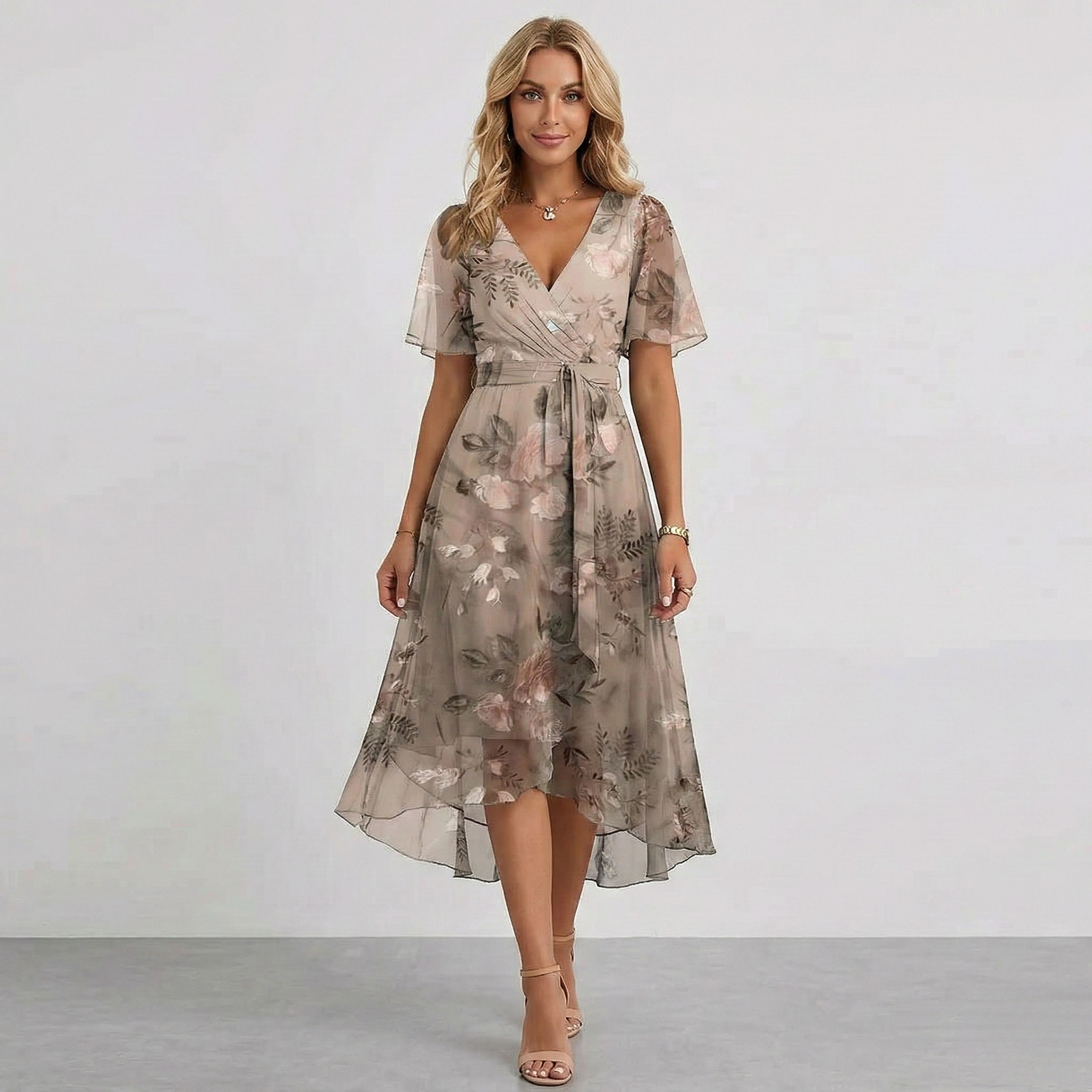 Floral Print Wrap Tiered Wedding Guest Midi Dress