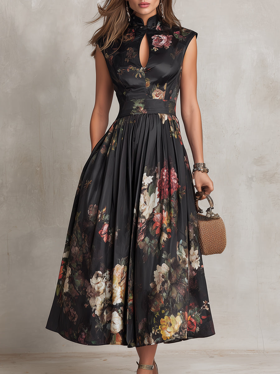 Keyhole Collar Pleated Satin Midi Dress