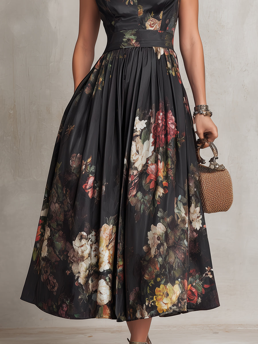 Keyhole Collar Pleated Satin Midi Dress