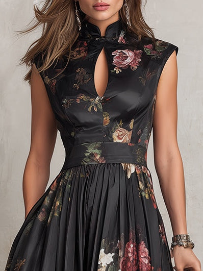 Keyhole Collar Pleated Satin Midi Dress